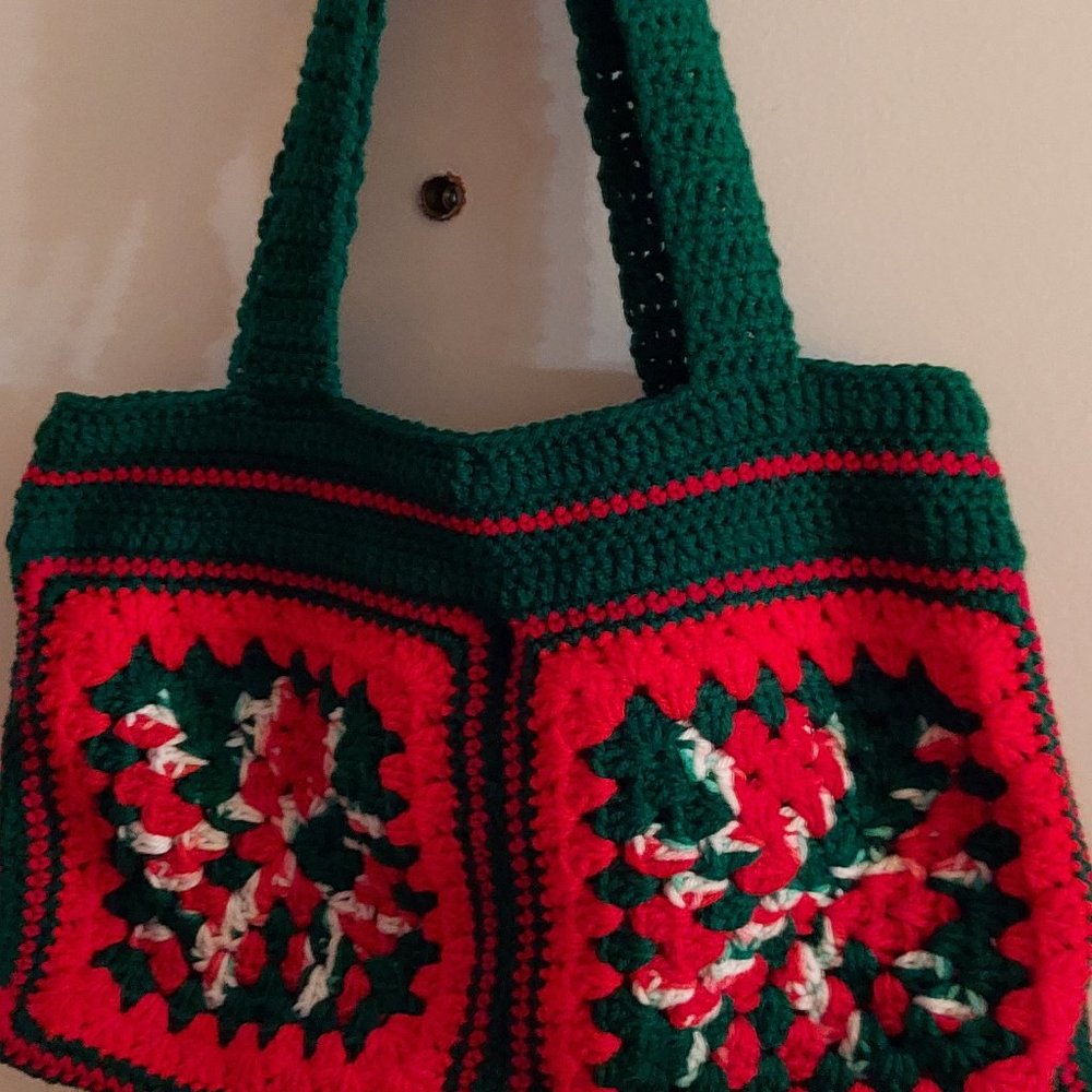 Granny Square Holiday Tote, 12 inches deep, 17 inches wide, hand crocheted